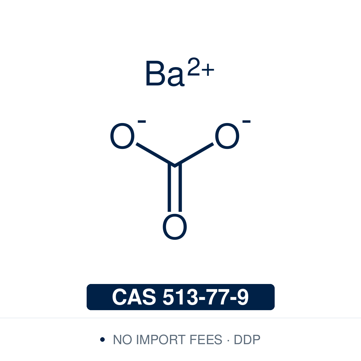 Chemical structure of Barium Carbonate (BaCO₃), CAS 513-77-9, ≥99.5% — inorganic salt used as the barium source for barium titanate powder by solid-state reaction with titanium dioxide, as a precursor powder for Y123 superconductors, as the barium storage component of NOx storage-reduction catalysts, and for sulphate removal from acid mine drainage. Supplied by NorrChemica with DDP shipping. CoA and SDS provided.