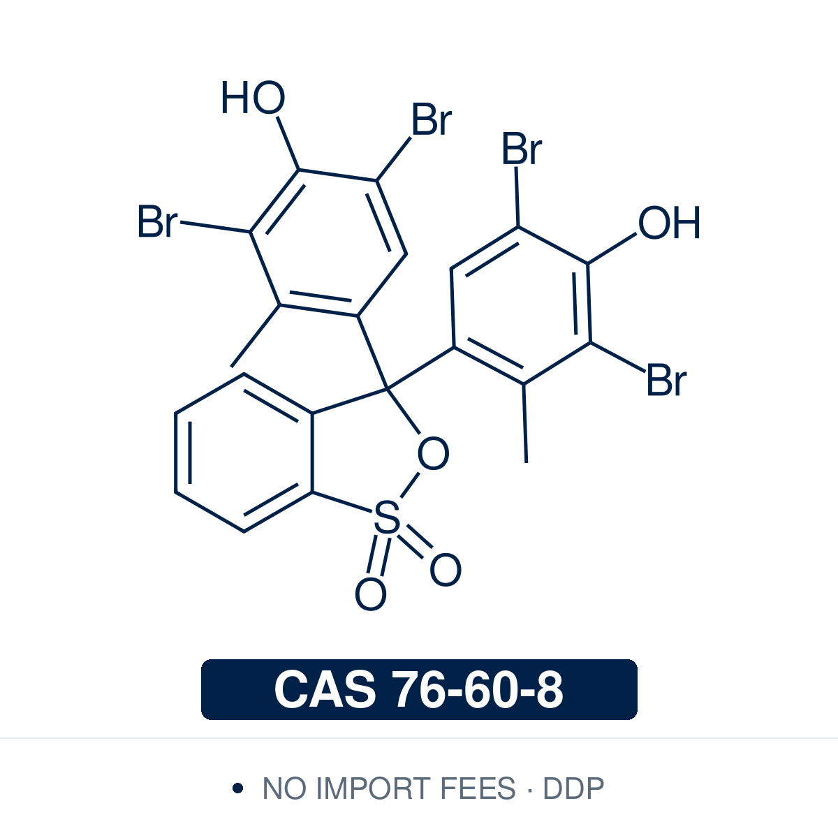 Chemical structure of bromocresol green (tetrabromo-m-cresolsulfonphthalein, C₂₁H₁₄Br₄O₅S), CAS 76-60-8, Indicator Grade — sulfonphthalein pH indicator that changes from yellow at pH 3.8 to blue at pH 5.4. Used in acid–base titrations, in the measurement of serum albumin, which binds the dye and raises its absorbance, and in ion-pair spectrophotometric methods for basic drugs. Supplied by NorrChemica with DDP shipping. CoA and SDS provided.