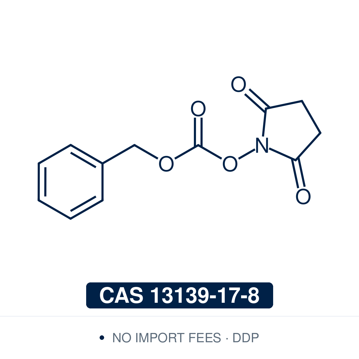 Chemical structure of Cbz-OSu (N-(benzyloxycarbonyloxy)succinimide, Z-OSu), CAS 13139-17-8, ≥98% — crystalline N-hydroxysuccinimide carbonate that installs the benzyloxycarbonyl (Cbz/Z) protecting group on amines, used in place of benzyl chloroformate for cleaner acylation in peptide synthesis. Supplied by NorrChemica with DDP shipping. CoA and SDS provided.