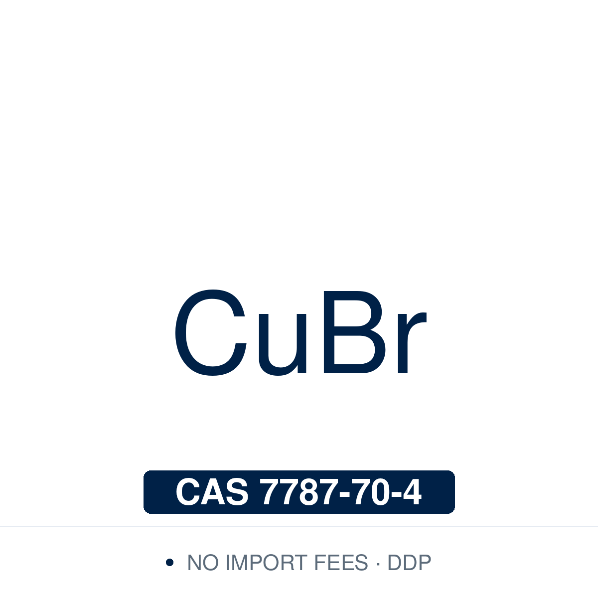Chemical structure of Copper(I) Bromide (cuprous bromide, CuBr), CAS 7787-70-4, ≥99.5% — a light green powder that is sensitive to air and light. Used as a catalyst in the Sandmeyer reaction to prepare aryl bromides from arylamines through diazonium salts, as a precursor to organocopper reagents through its dimethyl sulfide complex, and as a catalyst for atom transfer radical polymerization (ATRP) and cross-dehydrogenative couplings. Supplied by NorrChemica with DDP shipping. CoA and SDS provided.