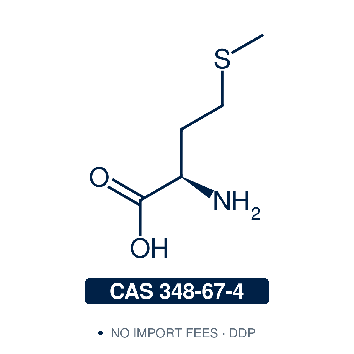 Chemical structure of D-Methionine, CAS 348-67-4, ≥98% — the (R)-enantiomer of the sulfur-containing amino acid methionine, a chiral building block for unnatural peptides, peptidomimetics, and biochemical research. Supplied by NorrChemica with DDP shipping. CoA and SDS provided.