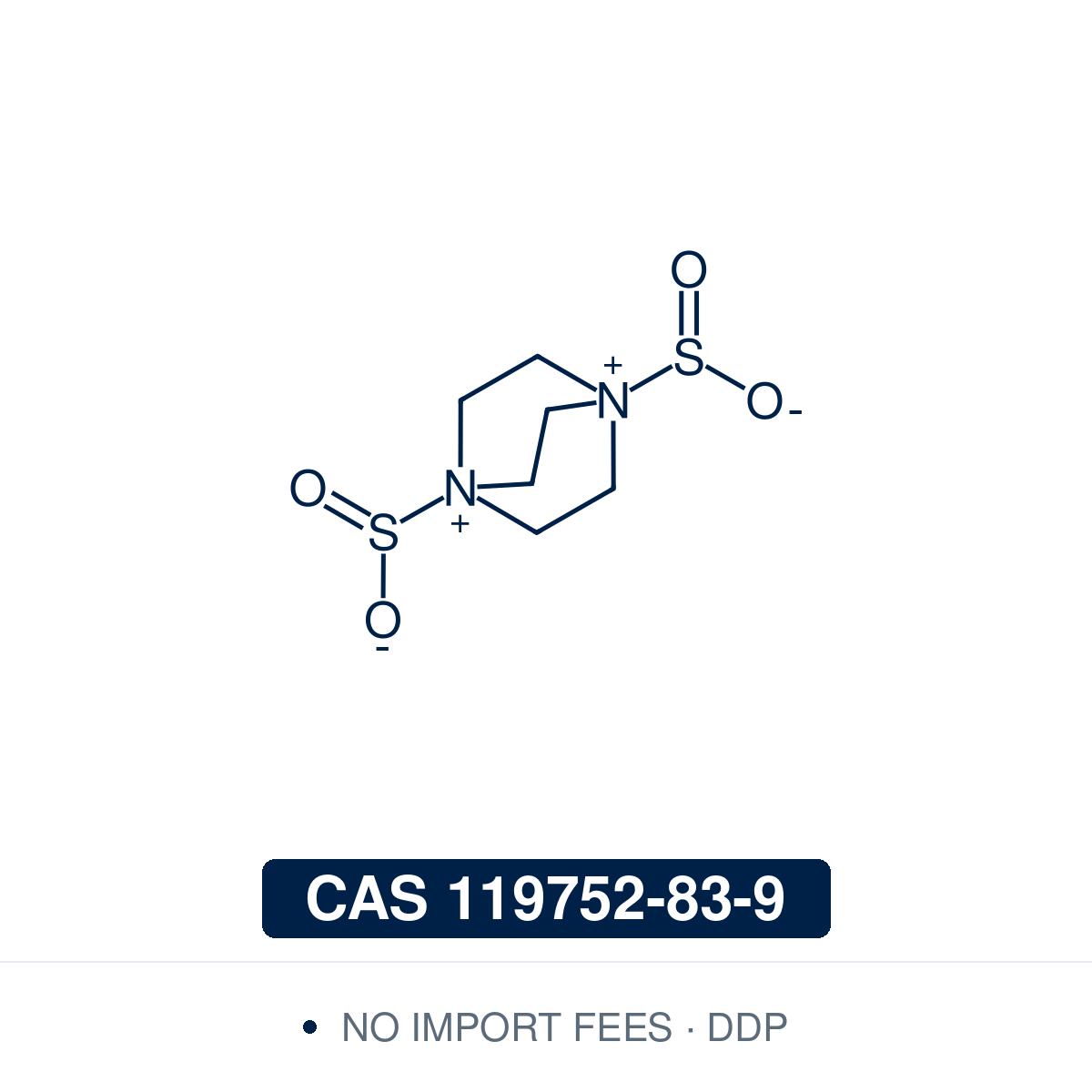 Chemical structure of DABSO (DABCO bis(sulfur dioxide) adduct), CAS 119752-83-9, ≥95% — bench-stable solid SO₂ surrogate that delivers sulfur dioxide in situ, used for synthesis of sulfonamides, sulfones, sulfinate salts, sulfonyl fluorides, and sulfonimidamides in Pd-catalysed, radical, and photoredox sulfonylation, SuFEx click chemistry, medicinal chemistry, and process chemistry. Supplied by NorrChemica with DDP shipping. CoA and SDS provided.