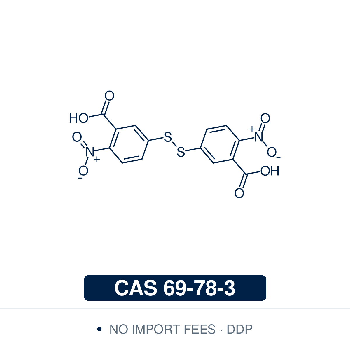 Chemical structure of DTNB (Ellman's Reagent; 5,5′-dithiobis(2-nitrobenzoic acid), C₁₄H₈N₂O₈S₂), CAS 69-78-3, ≥98% — an aromatic disulfide that reacts with thiolate anions to release the 2-nitro-5-thiobenzoate anion (TNB²⁻), which absorbs strongly at 412 nm in aqueous solution above pH 7.3. Used to measure the free sulfhydryl content of proteins, peptides and tissues, to label cysteine residues, and in acetylcholinesterase assays. Supplied by NorrChemica with DDP shipping. CoA and SDS provided.
