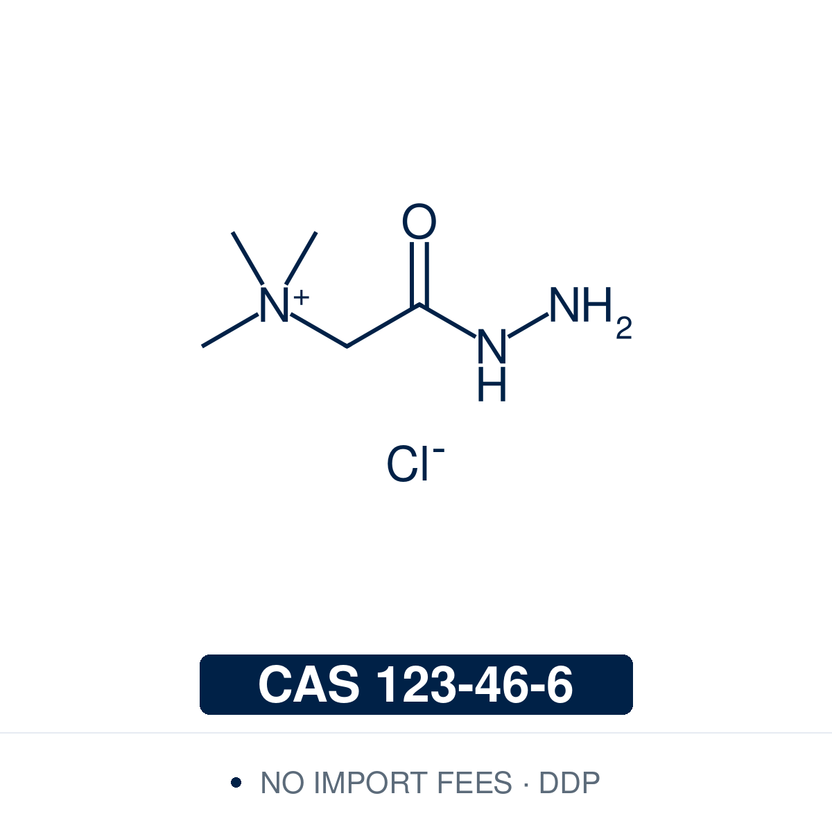 Chemical structure of Girard's Reagent T, CAS 123-46-6, ≥98% — quaternary ammonium hydrazide that converts aldehydes and ketones into positively charged hydrazones, used to raise mass-spectrometry sensitivity in LC-MS/MS of ecdysteroids and of 5-formyl-2′-deoxyuridine in DNA, and in MALDI-TOF-MS profiling of reducing glycans. Supplied by NorrChemica with DDP shipping. CoA and SDS provided.