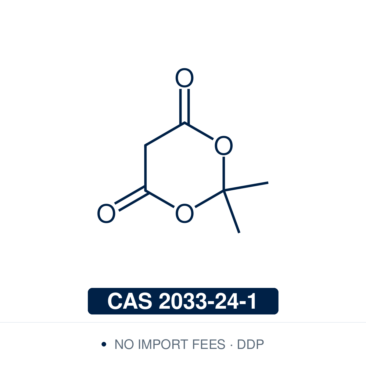 Chemical structure of Meldrum's acid (2,2-dimethyl-1,3-dioxane-4,6-dione), CAS 2033-24-1, 98% — cyclic malonic acid diester with unusually high C–H acidity, used as a malonate equivalent for C–C bond formation and as a precursor to acylketenes on thermolysis for acylation and heterocycle synthesis. Supplied by NorrChemica with DDP shipping. CoA and SDS provided.