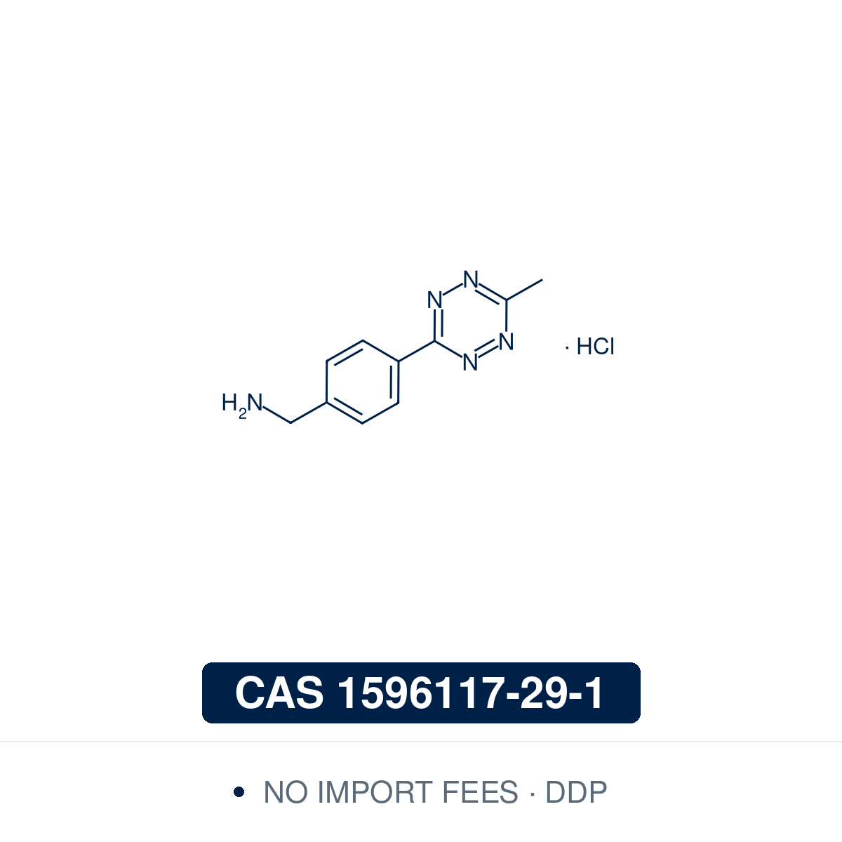 Chemical structure of Methyltetrazine-amine hydrochloride, CAS 1596117-29-1, ≥97% — 4-(6-methyl-1,2,4,5-tetrazin-3-yl)benzylamine hydrochloride, a methyltetrazine building block for bioorthogonal inverse-electron-demand Diels–Alder (tetrazine) ligation whose free amine is coupled to carboxylic acids and activated esters. Supplied by NorrChemica with DDP shipping. CoA and SDS provided.