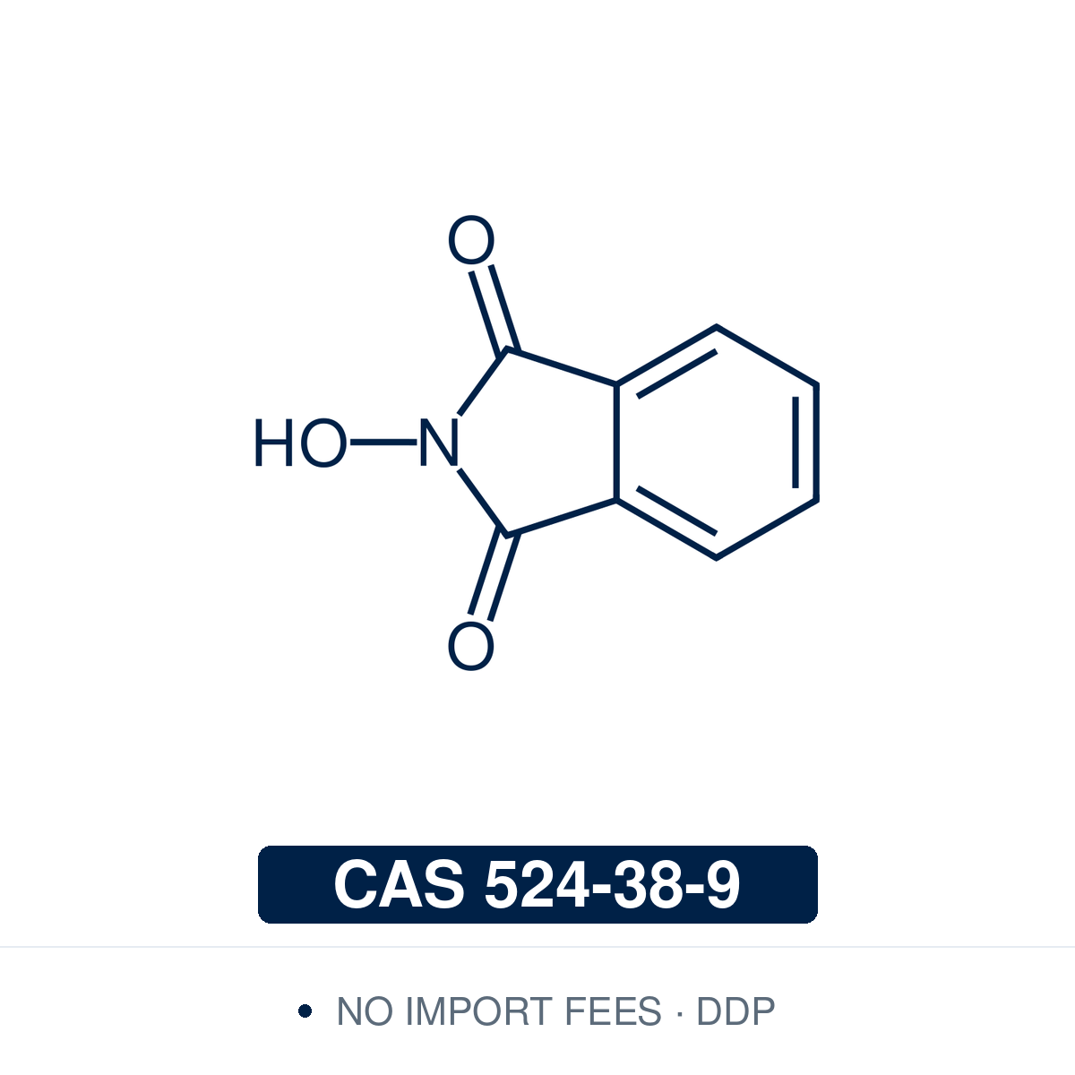 Chemical structure of N-Hydroxyphthalimide (NHPI), CAS 524-38-9, ≥98% — a phthalimide bearing an N-hydroxy group (C8H5NO3), the precursor to the phthalimido-N-oxyl (PINO) radical, a hydrogen-atom-transfer (HAT) abstractor. An organocatalyst for aerobic oxidation of hydrocarbons, alkylarenes and alcohols under mild conditions, often with a cobalt or manganese co-catalyst. It also forms activated NHPI esters as a coupling additive for amide bond formation. Supplied by NorrChemica with DDP shipping. CoA