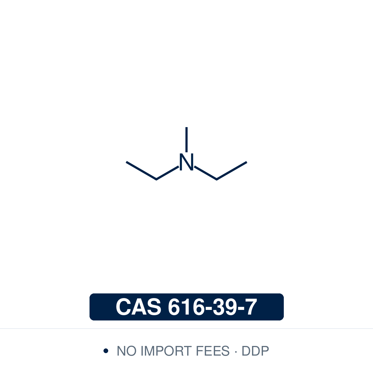 Chemical structure of N,N-Diethylmethylamine (diethylmethylamine, N-methyldiethylamine), C₅H₁₃N, CAS 616-39-7, ≥98% — tertiary amine that is protonated by acids to form diethylmethylammonium protic ionic liquids, and a lineshape standard for NMR shimming at room temperature and 130 K. Supplied by NorrChemica, shipped within the EU. CoA and SDS provided.