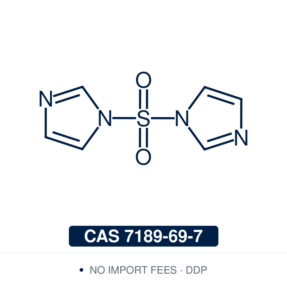 Chemical structure of SDI, CAS 7189-69-7, ≥98% — 1,1'-sulfonyldiimidazole bench-stable sulfonylating reagent and non-gaseous SO₂ transfer agent used for synthesis of sulfamates, sulfamides, and sulfamoyl-imidazolide intermediates in medicinal chemistry, modern sulfur(VI) methodology adjacent to SuFEx click chemistry, kinase inhibitor scaffold research, steroid sulfamate chemistry, and process chemistry. Supplied by NorrChemica with DDP shipping. CoA and SDS provided.