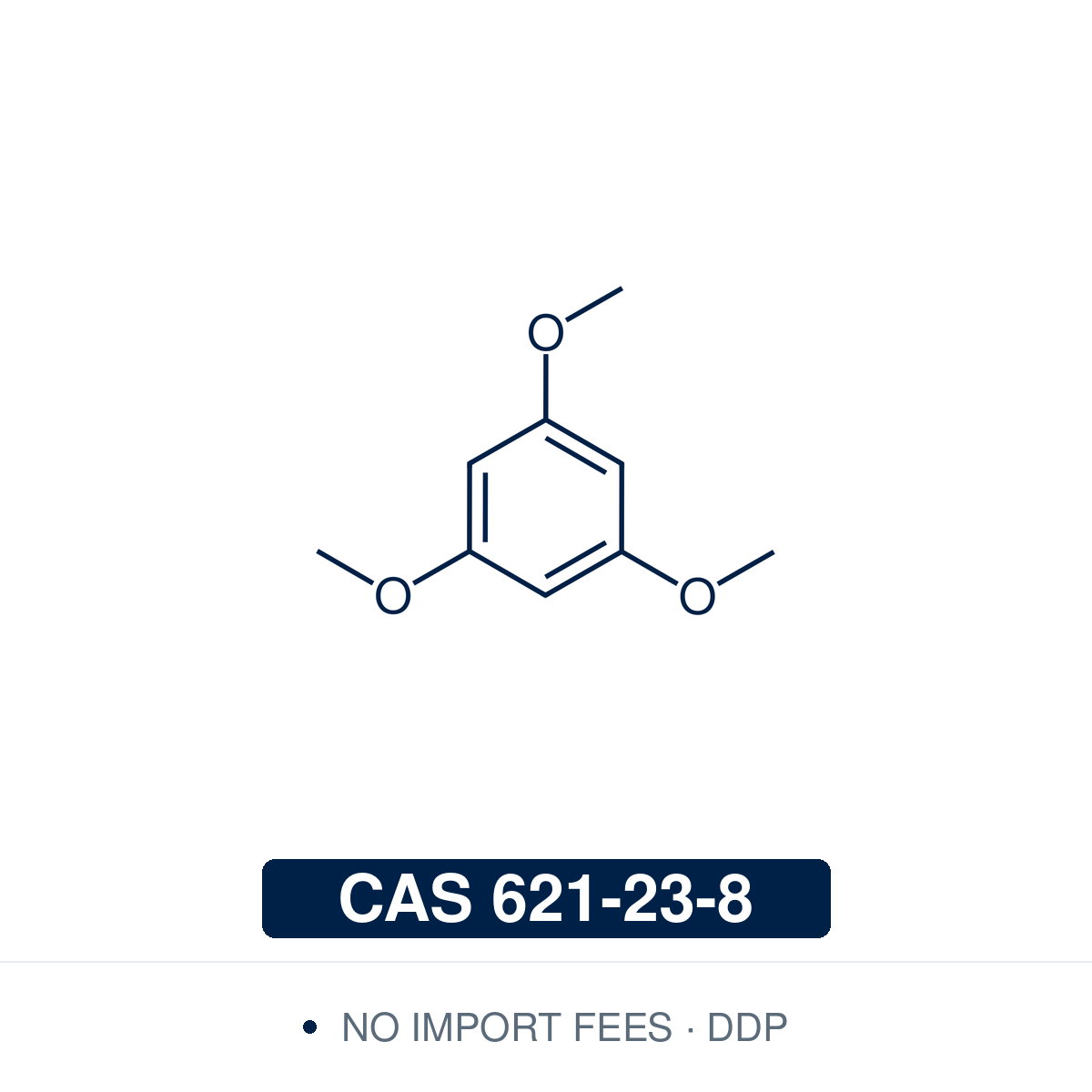 Chemical structure of 1,3,5-Trimethoxybenzene (C₉H₁₂O₃), CAS 621-23-8, ≥98% — electron-rich arene used as a substrate in electrophilic aromatic substitution, including electrophilic fluorination with NFSI, and used as an internal standard in quantitative ¹H NMR (qNMR). Supplied by NorrChemica with DDP shipping. CoA and SDS provided.
