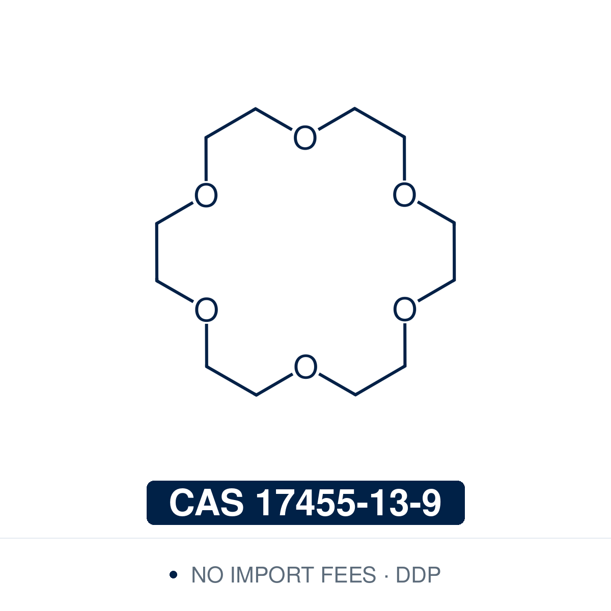 Chemical structure of 18-Crown-6 (1,4,7,10,13,16-hexaoxacyclooctadecane, C₁₂H₂₄O₆), CAS 17455-13-9, ≥98% — a macrocyclic polyether that dissolves metal salts, particularly potassium salts, in nonpolar and dipolar aprotic solvents. Used as a phase-transfer catalyst and metal complexing agent, for example in the N-alkylation of heterocycles and the allylation of aldehydes with potassium allyltrifluoroborate. Supplied by NorrChemica with DDP shipping. CoA and SDS provided.