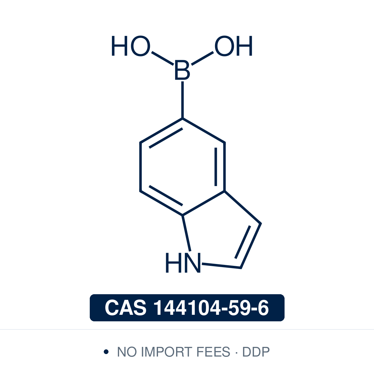 Chemical structure of (1H-Indol-5-yl)boronic Acid, CAS 144104-59-6, ≥97% — heteroaromatic NH-indole-5-boronic acid used in Pd-catalysed Suzuki-Miyaura coupling, Cu Chan-Lam C–N/C–O coupling, Rh/Ni conjugate additions, and photoredox arylation in pharma/materials synthesis, providing access to 5-substituted indoles as privileged scaffolds in medicinal chemistry, alkaloid synthesis, and bioactive heterocycle research. Supplied by NorrChemica with DDP shipping. CoA and SDS provided.