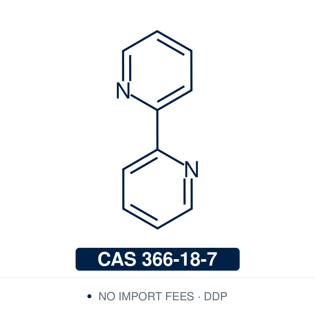 Chemical structure of 2,2'-Bipyridine (2,2'-bipyridyl, bpy; 2,2'-dipyridyl), CAS 366-18-7, ≥97% — bidentate N,N-chelating ligand (C10H8N2) whose adjacent pyridine nitrogens bind a metal in a five-membered chelate ring. Used to build luminescent and redox-active transition-metal complexes (Ru, Fe, Cu, Ir) for photoredox catalysis and cross-coupling, as a ferroin-type redox indicator, and for the colorimetric determination of iron. Supplied by NorrChemica with DDP shipping. CoA and SDS provided.