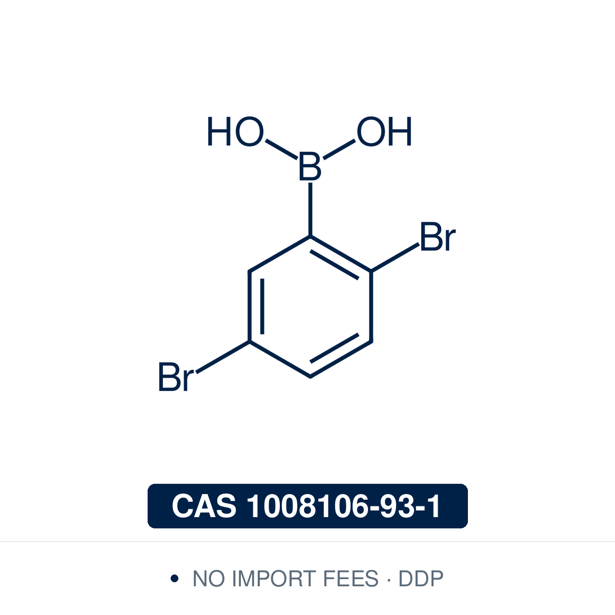 Chemical structure of 2,5-Dibromophenylboronic Acid, CAS 1008106-93-1, ≥98% — trifunctional 2,5-dibromo arylboronic acid for Pd-catalysed Suzuki–Miyaura cross-coupling, with two differentiable aryl–Br handles (ortho and para to boron) for sequential coupling toward unsymmetrical biaryls, terphenyls, and OLED and pharmaceutical intermediates. Supplied by NorrChemica with DDP shipping. CoA and SDS provided.