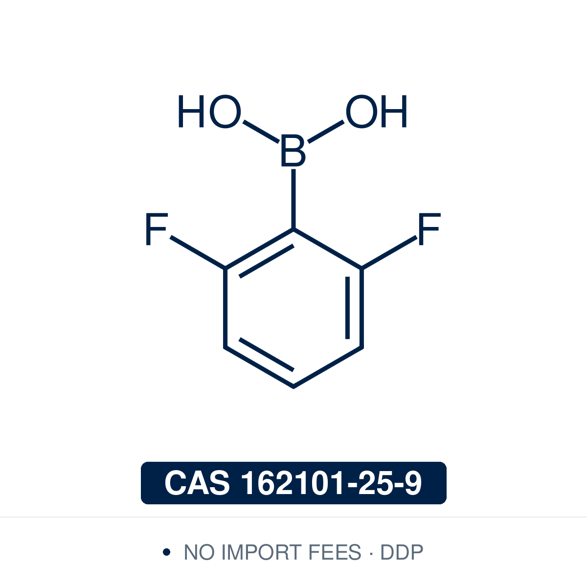 Chemical structure of 2,6-Difluorophenylboronic Acid, CAS 162101-25-9, ≥98% — sterically hindered ortho,ortho-difluoro arylboronic acid used in Pd-catalysed Suzuki-Miyaura coupling, Cu Chan-Lam C–N/C–O coupling, Rh/Ni conjugate additions, and photoredox arylation in pharma/materials synthesis, with the ortho-fluorine handles valuable for tuning lipophilicity, metabolic stability, and ¹⁹F NMR studies. Supplied by NorrChemica with DDP shipping. CoA and SDS provided