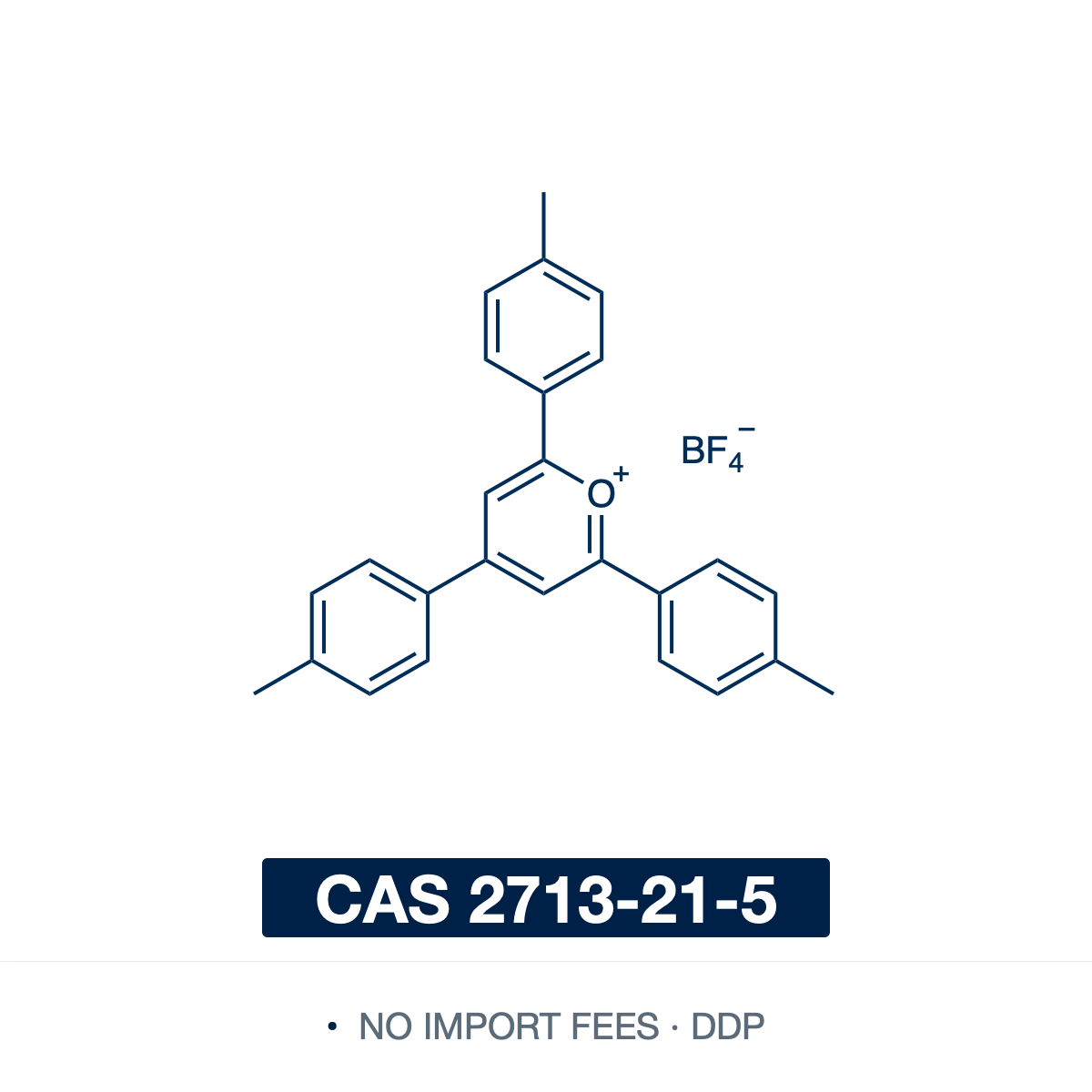 Chemical structure of 2,4,6-Tri-p-tolylpyrylium Tetrafluoroborate, CAS 2713-21-5, ≥98% — pyrylium salt photocatalyst (C26H23BF4O), drawn as the aromatic pyrylium cation, a six-membered oxygen heterocycle bearing three p-tolyl groups at the 2,4,6-positions, with a tetrafluoroborate (BF4-) counterion. A strong metal-free visible-light photooxidant used for photocatalytic rearrangements, cationic and PET-RAFT photopolymerization, and electron-transfer catalysis. Supplied by NorrChemica with DDP shipping. CoA