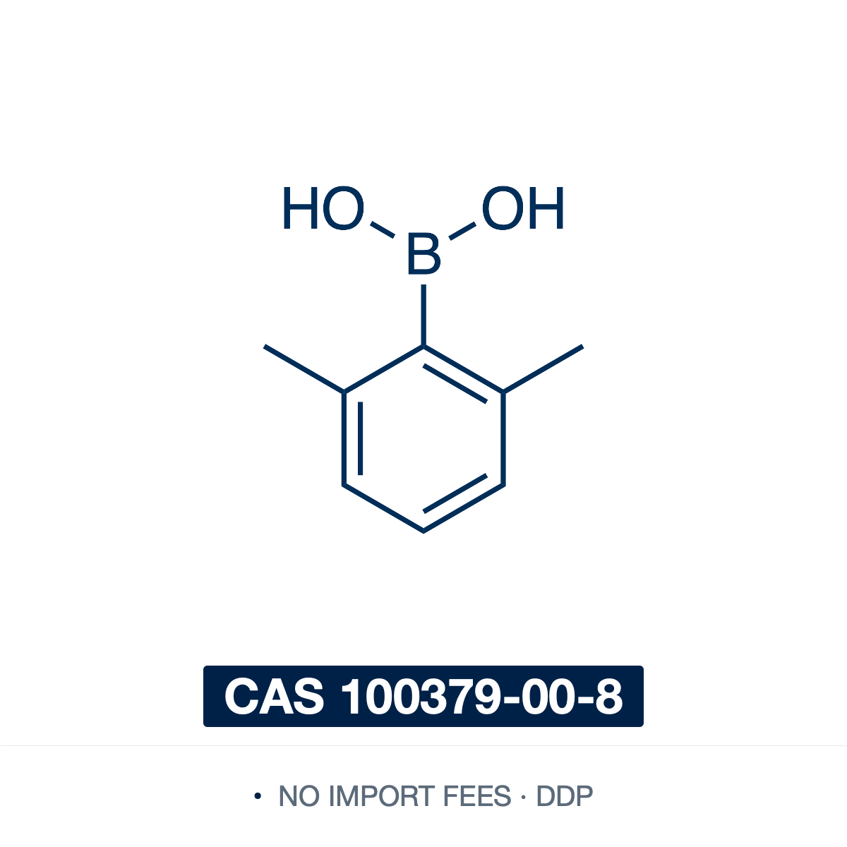 Chemical structure of 2,6-Dimethylphenylboronic Acid, CAS 100379-00-8, ≥98% — sterically hindered arylboronic acid with boron flanked by methyls at both ortho positions, supplied as the free acid containing varying amounts of the cyclic anhydride. Used in palladium-catalysed Suzuki–Miyaura coupling to install a 2,6-xylyl group, in nickel-catalysed coupling of chromene acetals, and in ipso-nitration of arylboronic acids. Supplied by NorrChemica with DDP shipping. CoA and SDS provided.