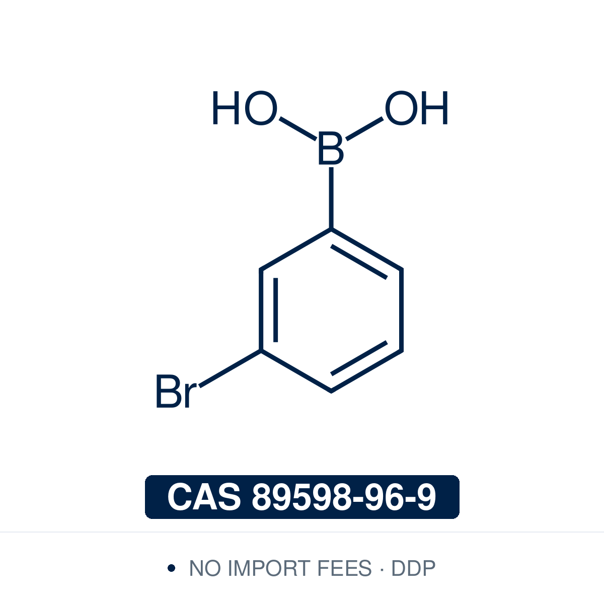 Chemical structure of 3-Bromophenylboronic Acid, CAS 89598-96-9, ≥97% — meta-bromo arylboronic acid used in Pd-catalysed Suzuki-Miyaura coupling, Cu Chan-Lam C–N/C–O coupling, Rh/Ni conjugate additions, and photoredox arylation in pharma/materials synthesis, with the bromide handle providing orthogonal reactivity for sequential cross-coupling and bifunctional building-block strategies. Supplied by NorrChemica with DDP shipping. CoA and SDS provided.