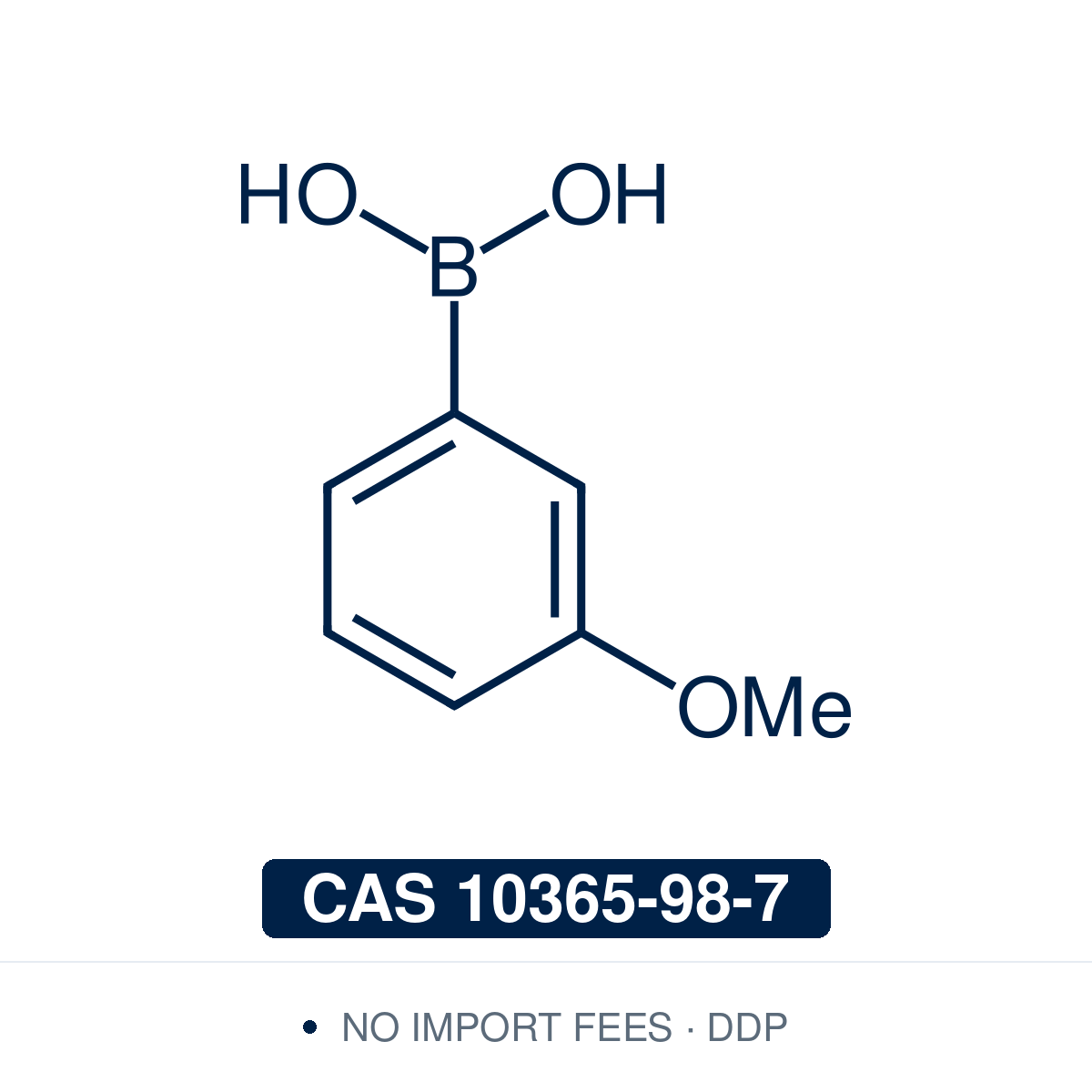 Chemical structure of 3-Methoxyphenylboronic Acid, CAS 10365-98-7, ≥98% — meta-methoxy arylboronic acid used in Pd-catalysed Suzuki-Miyaura coupling, Cu Chan-Lam C–N/C–O coupling, Rh/Ni conjugate additions, and photoredox arylation in pharma/materials synthesis. Supplied by NorrChemica with DDP shipping. CoA and SDS provided.