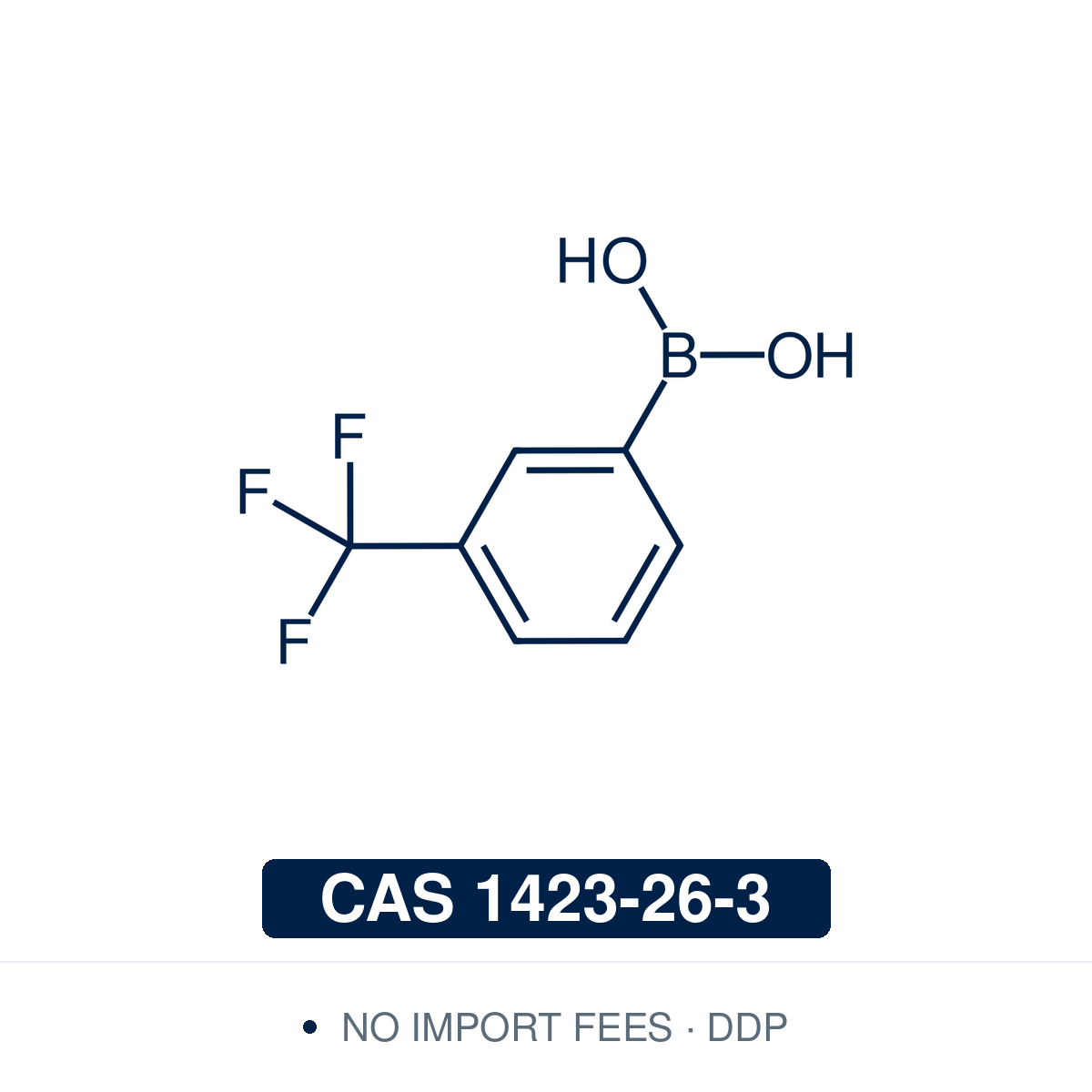 Chemical structure of 3-(Trifluoromethyl)phenylboronic Acid, CAS 1423-26-3, ≥98%. Supplied by NorrChemica with DDP shipping. CoA and SDS provided.