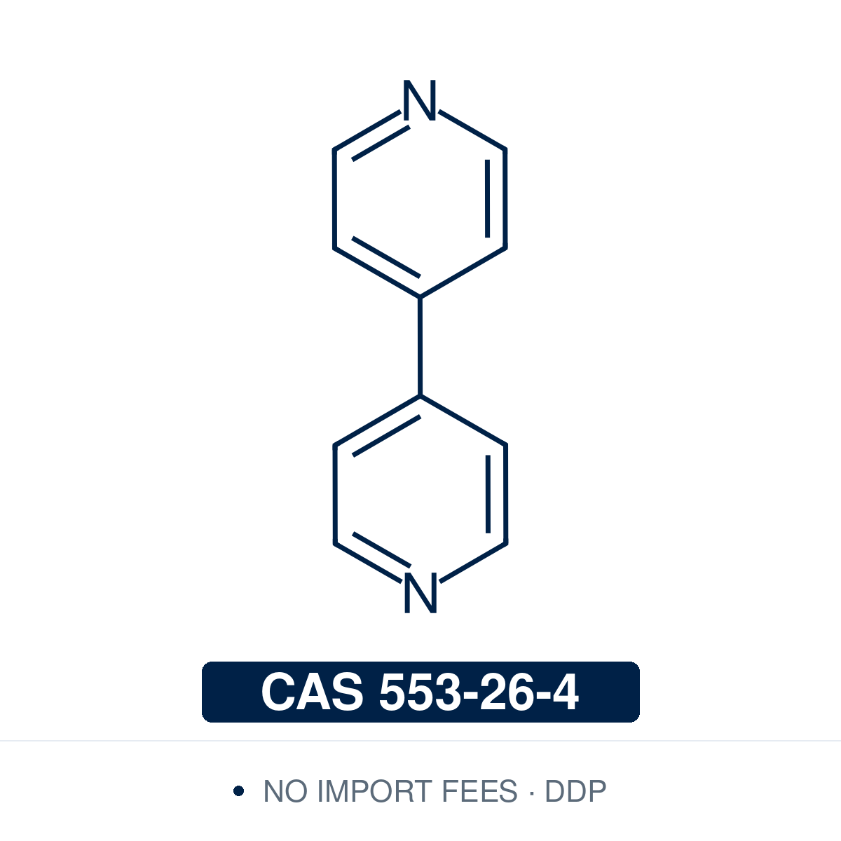 Chemical structure of 4,4'-Bipyridine (4,4'-dipyridyl, 4,4'-bpy), CAS 553-26-4, ≥98% — rigid, linear ditopic bridging ligand (C10H8N2) whose para pyridine nitrogens point in opposite directions, linking two metal centres rather than chelating. Used as an organic linker to build metal-organic frameworks, coordination polymers and supramolecular squares/grids, and as a precursor to viologens (N,N'-dialkyl-4,4'-bipyridinium redox materials). Supplied by NorrChemica with DDP shipping. CoA and SDS provided.