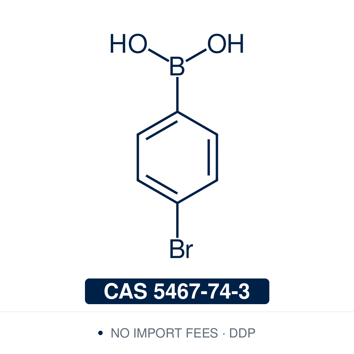 Chemical structure of 4-Bromophenylboronic Acid, CAS 5467-74-3, ≥98% — para-bromo-substituted arylboronic acid used in Pd-catalysed Suzuki-Miyaura coupling, Cu Chan-Lam C–N/C–O coupling, Rh/Ni conjugate additions, and photoredox arylation in pharma/materials synthesis, with the aryl bromide handle valuable as an orthogonal cross-coupling site for sequential biaryl assembly. Supplied by NorrChemica with DDP shipping. CoA and SDS provided.