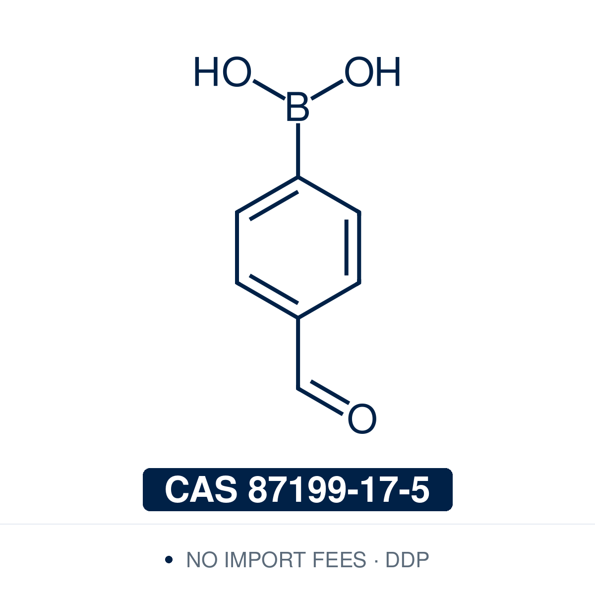 Chemical structure of 4-Formylphenylboronic Acid, CAS 87199-17-5, ≥98% — strongly electron-poor para-formyl arylboronic acid used in Pd-catalysed Suzuki-Miyaura coupling, Cu Chan-Lam C–N/C–O coupling, Rh/Ni conjugate additions, and photoredox arylation in pharma/materials synthesis, with the aldehyde handle valuable for reductive amination, Wittig olefination, oxime/hydrazone ligation, and bioconjugation in chemical biology and saccharide recognition. Supplied by NorrChemica with DDP shipping. CoA and SDS.