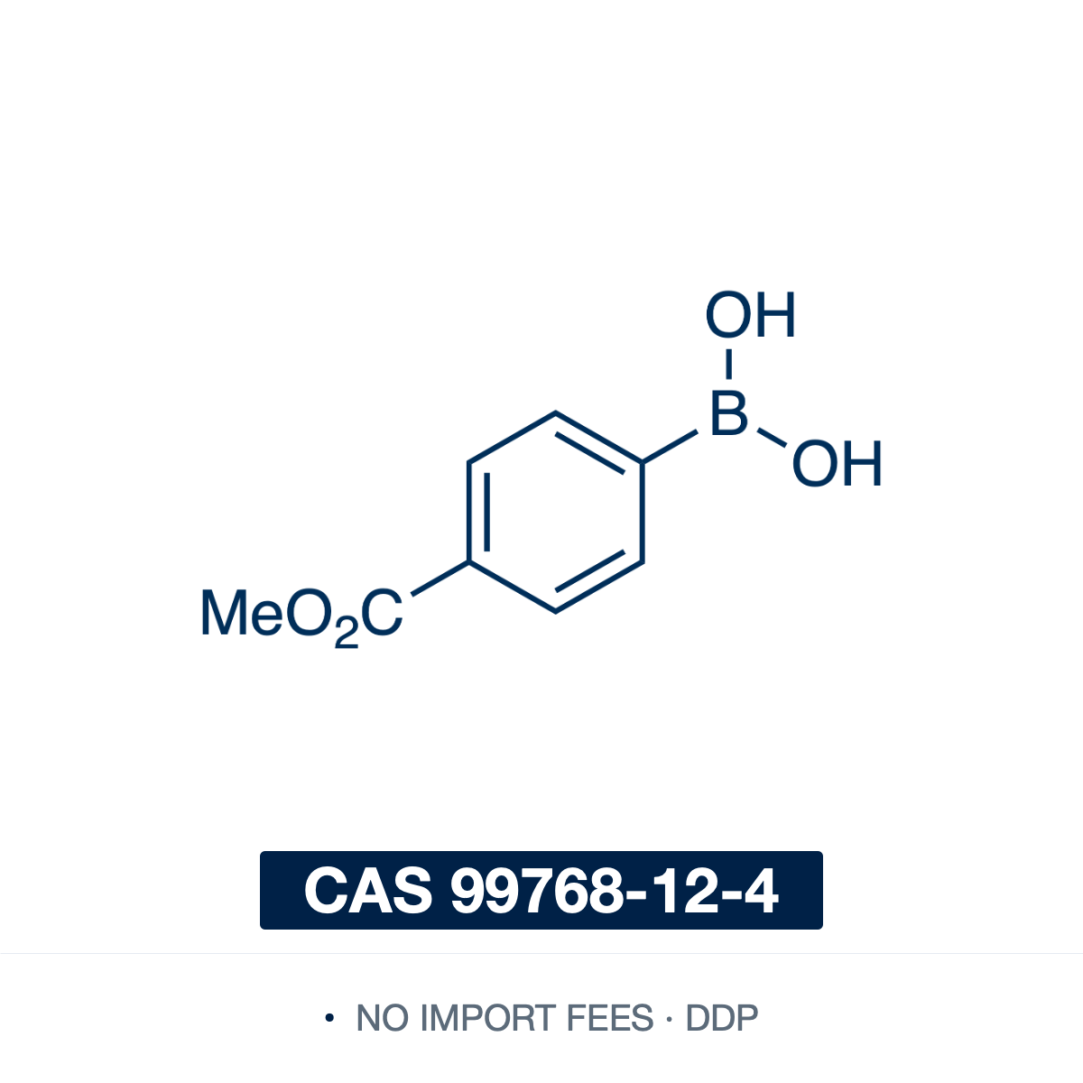 Chemical structure of 4-Methoxycarbonylphenylboronic Acid (methyl 4-boronobenzoate), CAS 99768-12-4, ≥98% — arylboronic acid with a –B(OH)2 group para to a methoxycarbonyl (methyl-ester) group (C8H9BO4; the free boronic acid, may contain some cyclic anhydride/boroxine). A Suzuki–Miyaura cross-coupling building block whose para ester is an electron-withdrawing handle for further functionalization, used in pharmaceutical and materials synthesis. Supplied by NorrChemica with DDP shipping. CoA and SDS provided.