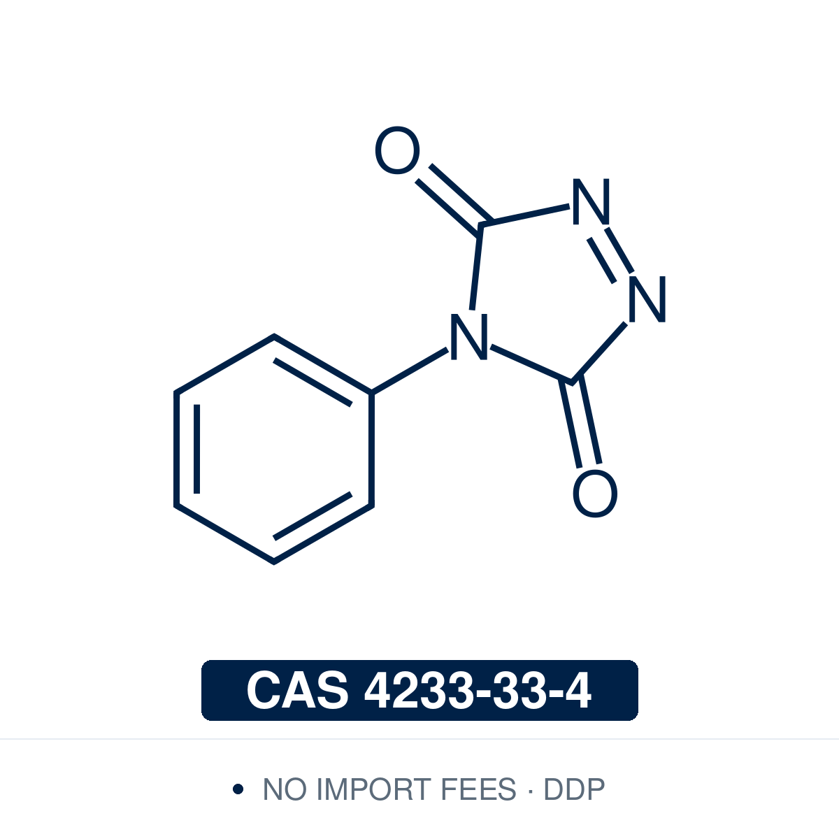 Chemical structure of PTAD, CAS 4233-33-4, ≥95% — 4-phenyl-1,2,4-triazoline-3,5-dione, the most reactive conventional Diels-Alder dienophile and a leading tyrosine-selective bioconjugation reagent for ultra-fast cycloadditions with furans, anthracene, and cyclopentadiene, site-selective protein modification at native tyrosines, antibody conjugation research, TAD-ene polymer click chemistry, self-healing materials, and total synthesis. Supplied by NorrChemica with DDP shipping. CoA and SDS provided.