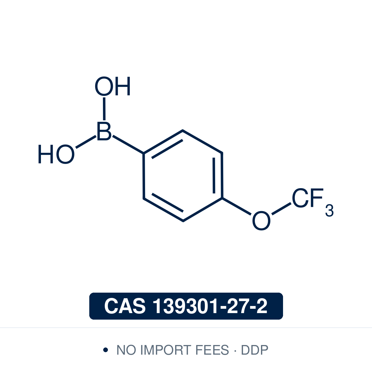 Chemical structure of 4-Trifluoromethoxyphenylboronic Acid, CAS 139301-27-2, ≥98% — electron-poor para-trifluoromethoxy arylboronic acid used in Pd-catalysed Suzuki-Miyaura coupling, Cu Chan-Lam C–N/C–O coupling, Rh/Ni conjugate additions, and photoredox arylation in pharma/materials synthesis, with the OCF₃ group valuable as a medicinal-chemistry bioisostere for tuning lipophilicity, metabolic stability, and ¹⁹F NMR studies. Supplied by NorrChemica with DDP shipping. CoA and SDS provided.