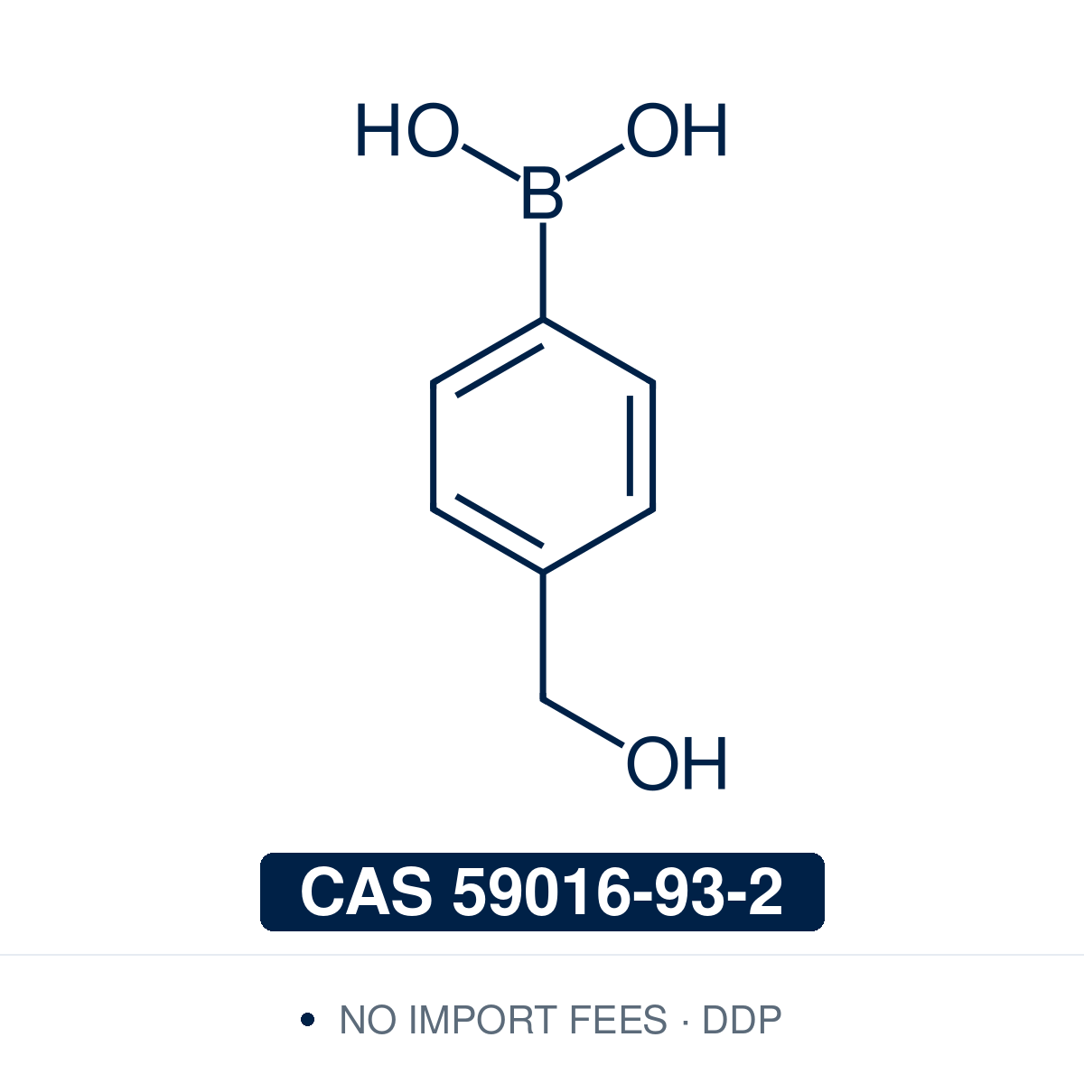 Chemical structure of 4-(Hydroxymethyl)phenylboronic Acid, CAS 59016-93-2, ≥96% — para-hydroxymethyl arylboronic acid used in Pd-catalysed Suzuki-Miyaura coupling, Cu Chan-Lam C–N/C–O coupling, Rh/Ni conjugate additions, and photoredox arylation in pharma/materials synthesis, with the hydroxymethyl handle valuable as a dual-reactive site for late-stage diversification through esterification, oxidation, and ether formation. Supplied by NorrChemica with DDP shipping. CoA and SDS provided.