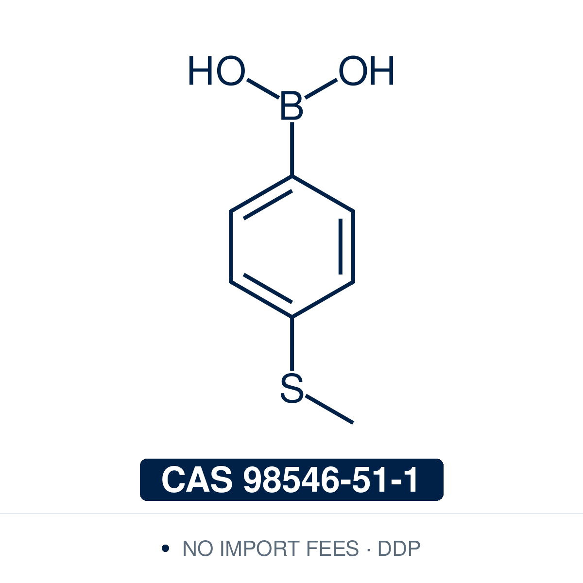 Chemical structure of 4-(Methylthio)phenylboronic Acid (4-(methylsulfanyl)phenylboronic acid; 4-thioanisoleboronic acid), CAS 98546-51-1, ≥97% — arylboronic acid (C7H9BO2S) with a methylthio (-SCH3) group at the para position, drawn as the free boronic acid (may contain some cyclic anhydride/boroxine). A Suzuki-Miyaura cross-coupling building block for installing the 4-(methylthio)phenyl group, also used in diol/saccharide recognition. Supplied by NorrChemica with DDP shipping. CoA and SDS provided.