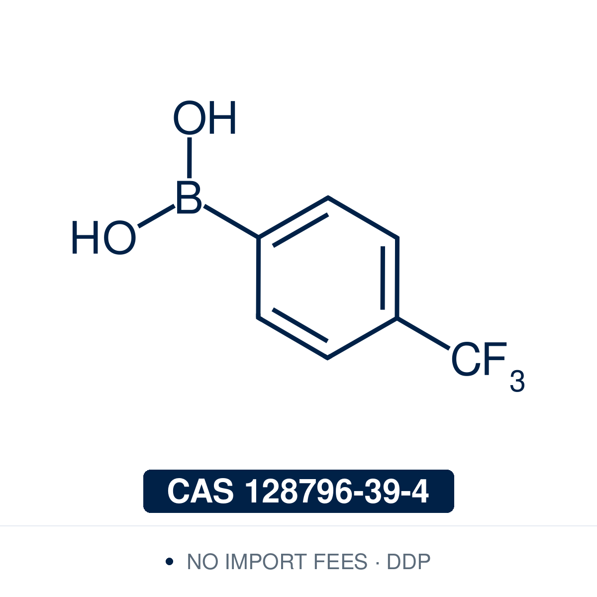 Chemical structure of 4-Trifluoromethylphenylboronic Acid, CAS 128796-39-4, ≥98% — strongly electron-poor para-CF₃ arylboronic acid used in Pd-catalysed Suzuki-Miyaura coupling, Cu Chan-Lam C–N/C–O coupling, Rh/Ni conjugate additions, and photoredox arylation in pharma/materials synthesis, with the trifluoromethyl group valuable for tuning lipophilicity, metabolic stability, and ¹⁹F NMR studies. Supplied by NorrChemica with DDP shipping. CoA and SDS provided.
