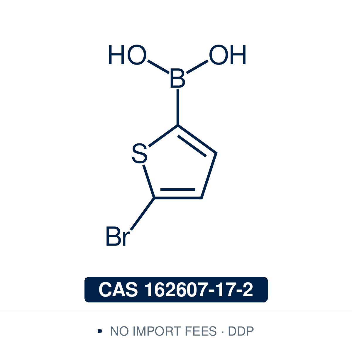 Chemical structure of (5-Bromothiophen-2-yl)boronic Acid, CAS 162607-17-2, ≥96% — heteroaromatic 5-bromothiophene-2-boronic acid used in Pd-catalysed Suzuki-Miyaura coupling, Cu Chan-Lam C–N/C–O coupling, Rh/Ni conjugate additions, and photoredox arylation in pharma/materials synthesis, with the 5-bromo handle for sequential coupling toward 2,5-disubstituted thiophenes in conjugated polymers, OLED/OPV, and medchem. Supplied by NorrChemica with DDP shipping. CoA and SDS provided.