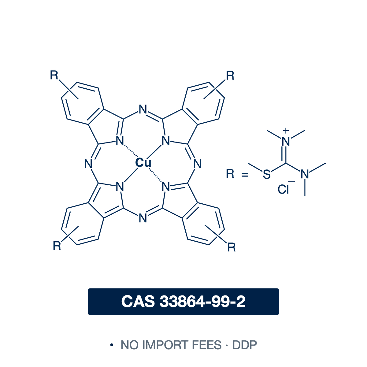 Chemical structure of Alcian Blue 8GX, CAS 33864-99-2, ≥80% dye content — copper phthalocyanine-based cationic dye widely used as a histological stain for acidic mucopolysaccharides, glycosaminoglycans, and cartilage proteoglycans in pathology and developmental biology. Supplied by NorrChemica with DDP shipping. CoA and SDS provided.