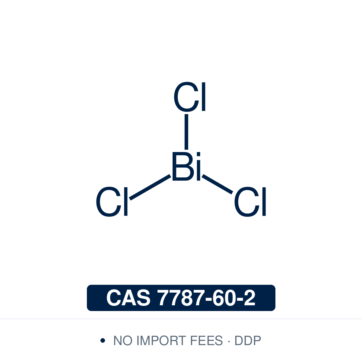 Chemical structure of Bismuth(III) chloride (BiCl3, bismuth trichloride), CAS 7787-60-2, ≥97% — inorganic bismuth(III) halide (BiCl3, 315.34) in which three chlorides surround a Bi(III) centre with a stereochemically active lone pair, the source of its Lewis acidity. Used as a low-toxicity Lewis acid catalyst for Mukaiyama aldol, Michael and Biginelli reactions, and as the bismuth precursor to BiOCl photocatalysts, bismuth halide perovskites and Bi2S3. Supplied by NorrChemica with DDP shipping. CoA and SDS