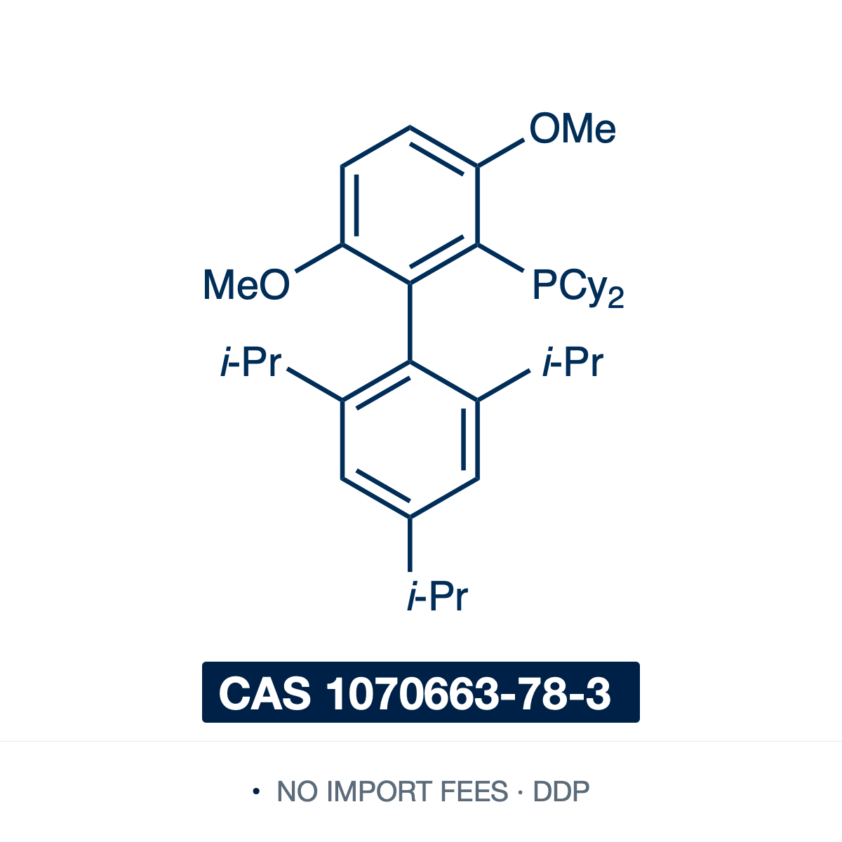 Chemical structure of BrettPhos (2-(dicyclohexylphosphino)-3,6-dimethoxy-2',4',6'-triisopropyl-1,1'-biphenyl), CAS 1070663-78-3, ≥97% — a bulky, electron-rich dialkylbiaryl phosphine ligand (C35H53O2P) developed by the Buchwald group. A premier ligand for Pd-catalyzed Buchwald-Hartwig C-N amination, best known for selective monoarylation of primary amines and for coupling aryl chlorides and mesylates; also used in Pd-catalyzed aromatic fluorination. Supplied by NorrChemica with DDP shipping. CoA and SDS.