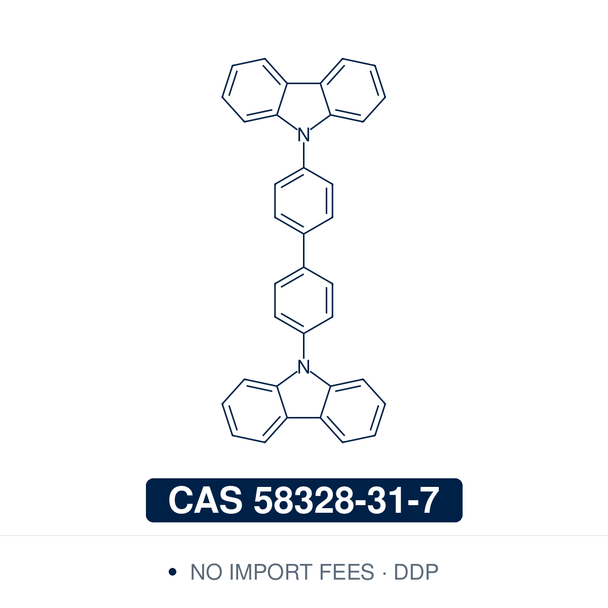 Chemical structure of CBP (4,4'-bis(N-carbazolyl)-1,1'-biphenyl), CAS 58328-31-7, ≥97% — a biphenyl bearing a carbazole on each end (C36H24N2): two carbazol-9-yl units joined through their nitrogen to the 4,4' positions of the biphenyl core. Electron-rich and hole-transporting, with a high triplet energy (about 2.6 eV), it is the benchmark host for phosphorescent OLEDs, matrixing green, yellow and red emitters, and a hole-transport material for red devices. Supplied by NorrChemica with DDP shipping.