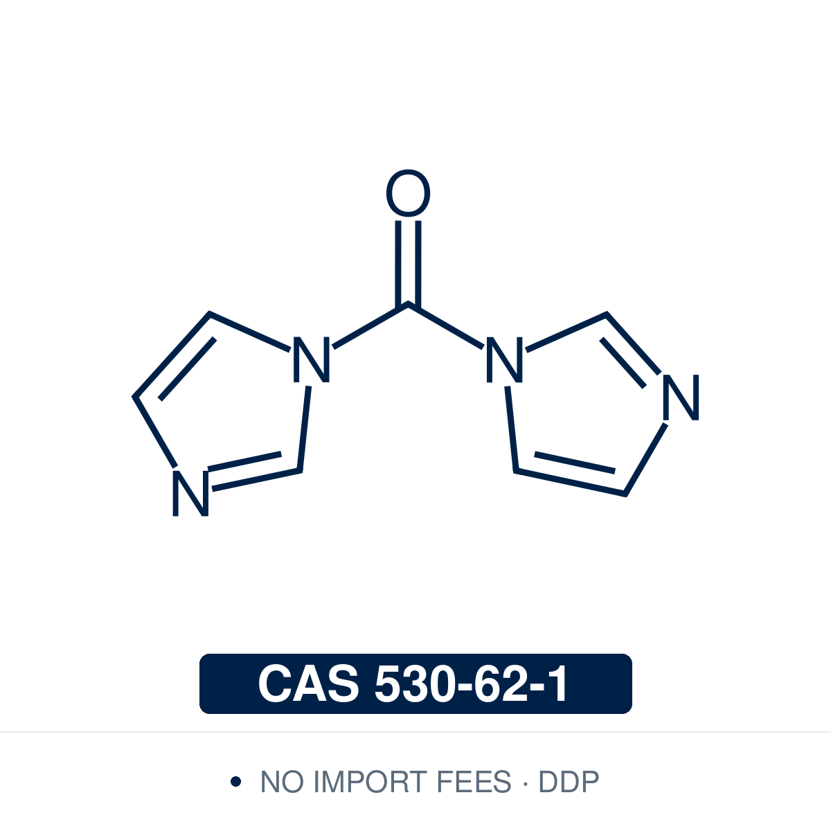 Chemical structure of 1,1'-Carbonyldiimidazole (CDI), CAS 530-62-1, ≥98.0% — phosgene-free carbonyl-transfer and coupling reagent used to activate carboxylic acids, alcohols, and amines for amide, ester, carbamate, urea, and carbonate synthesis. Supplied by NorrChemica with DDP shipping. CoA and SDS provided.