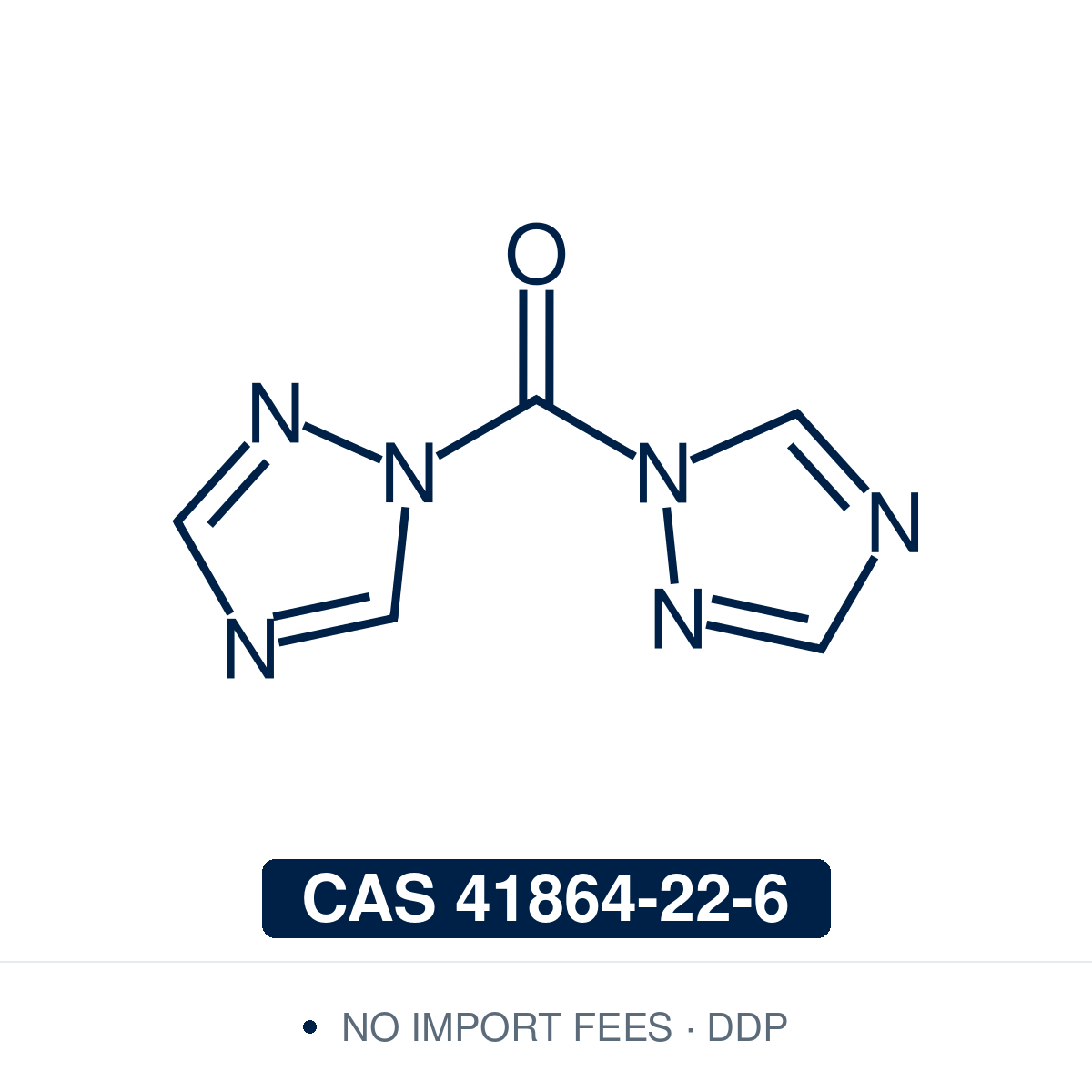 Chemical structure of CDT (1,1'-carbonyldi(1,2,4-triazole); bis(1,2,4-triazol-1-yl)methanone), CAS 41864-22-6, 95% — carbonylating/coupling reagent (C5H4N6O), the 1,2,4-triazole analogue of CDI (carbonyldiimidazole), in which a carbonyl bridges two triazol-1-yl groups. Used to activate carboxylic acids as acyl-triazole intermediates for amide and ester formation, and as a phosgene-free reagent for the synthesis of ureas and carbamates. Supplied by NorrChemica with DDP shipping. CoA and SDS provided.