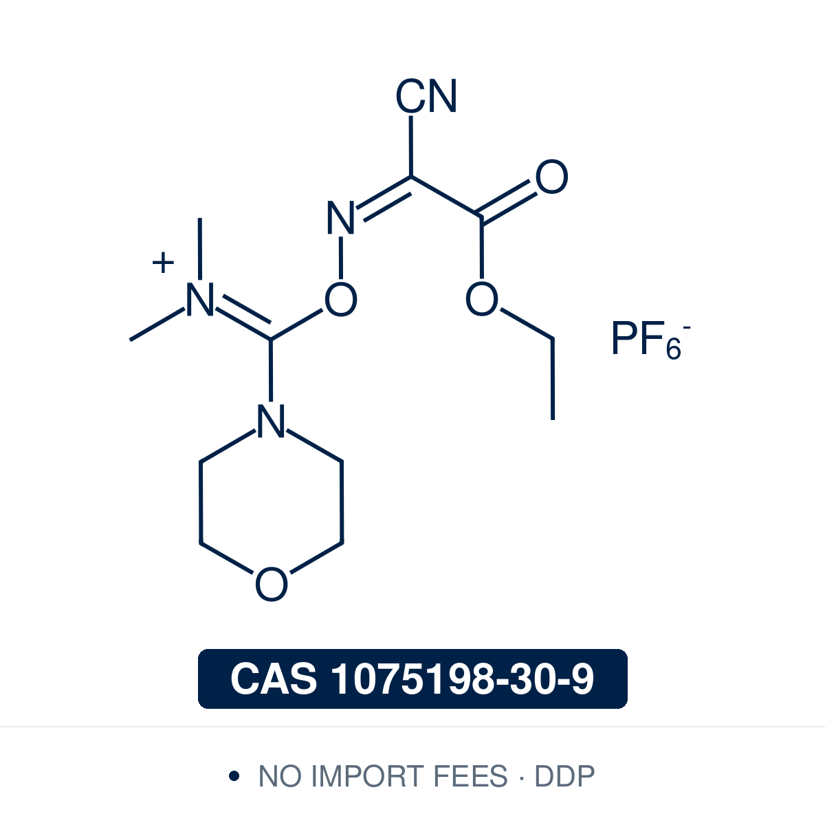 Chemical structure of COMU, CAS 1075198-30-9, ≥98% — third-generation Oxyma-based aminium-type peptide coupling reagent with morpholinium-uronium center and hexafluorophosphate counterion used as an integrated single-reagent alternative to HBTU+HOBt or HATU+HOAt combinations for low-racemization couplings of sterically hindered and N-methylated amino acids in solid-phase peptide synthesis (SPPS), green-solvent peptide chemistry, and macrocyclization. Supplied by NorrChemica with DDP