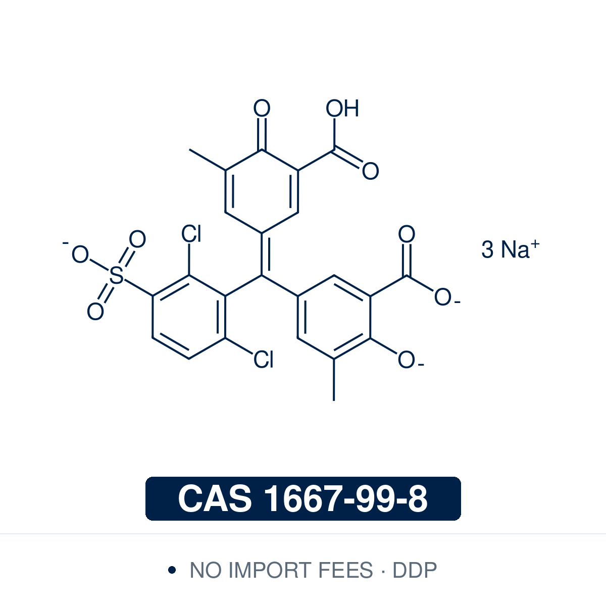 Chemical structure of Chrome Azurol S, CAS 1667-99-8, Analytical Reagent Grade — triarylmethane dye used as a colorimetric metal-ion indicator for spectrophotometric determination of aluminium, beryllium, and copper. Supplied by NorrChemica with DDP shipping. CoA and SDS provided.