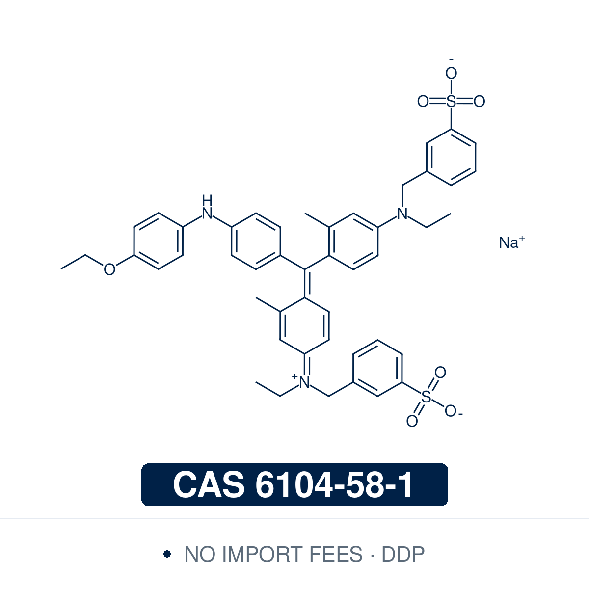 Chemical structure of Coomassie Brilliant Blue G-250, CAS 6104-58-1, Biological Stain grade — triphenylmethane anionic dye (C.I. 42655 / Acid Blue 90) used as a quantitative protein-binding dye in the Bradford protein assay for spectrophotometric protein quantification, Blue Native PAGE membrane protein complex analysis, and electrophoretic protein staining methodology in biochemistry and molecular biology research. Supplied by NorrChemica with DDP shipping. CoA and SDS provided.