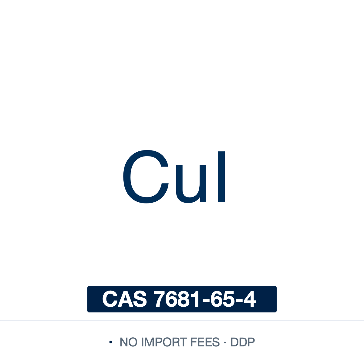 Chemical structure of Copper(I) Iodide (cuprous iodide; copper monoiodide), CAS 7681-65-4, ≥99% — inorganic copper(I) salt (CuI), copper in the +1 oxidation state with iodide (Cu+ and I-). A widely used catalyst and co-catalyst: the classic copper(I) co-catalyst with palladium in Sonogashira coupling, and a catalyst for Ullmann-type C-N/C-O/C-S coupling, N-arylation and click (CuAAC) chemistry; also a p-type semiconductor for thin-film devices. Supplied by NorrChemica with DDP shipping. CoA and SDS provided