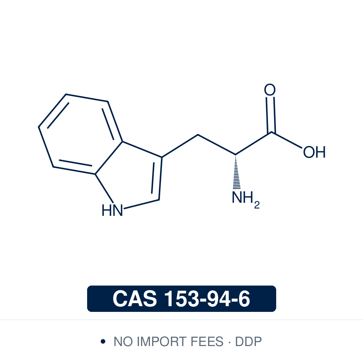 Chemical structure of D-Tryptophan, CAS 153-94-6, ≥98.0% — unnatural D-enantiomer amino acid building block for chiral synthesis and D-peptide chemistry. Supplied by NorrChemica with DDP shipping. CoA and SDS provided.