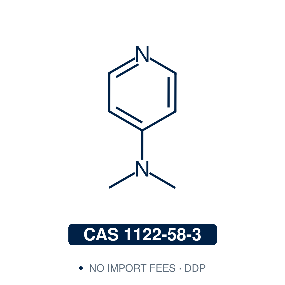 Chemical structure of DMAP, CAS 1122-58-3, ≥99% — 4-(dimethylamino)pyridine, a highly active nucleophilic acyl-transfer catalyst for Steglich esterification, amidation, acylation and silylation, and for the Baylis–Hillman and Dakin–West reactions. Supplied by NorrChemica with DDP shipping. CoA and SDS provided.