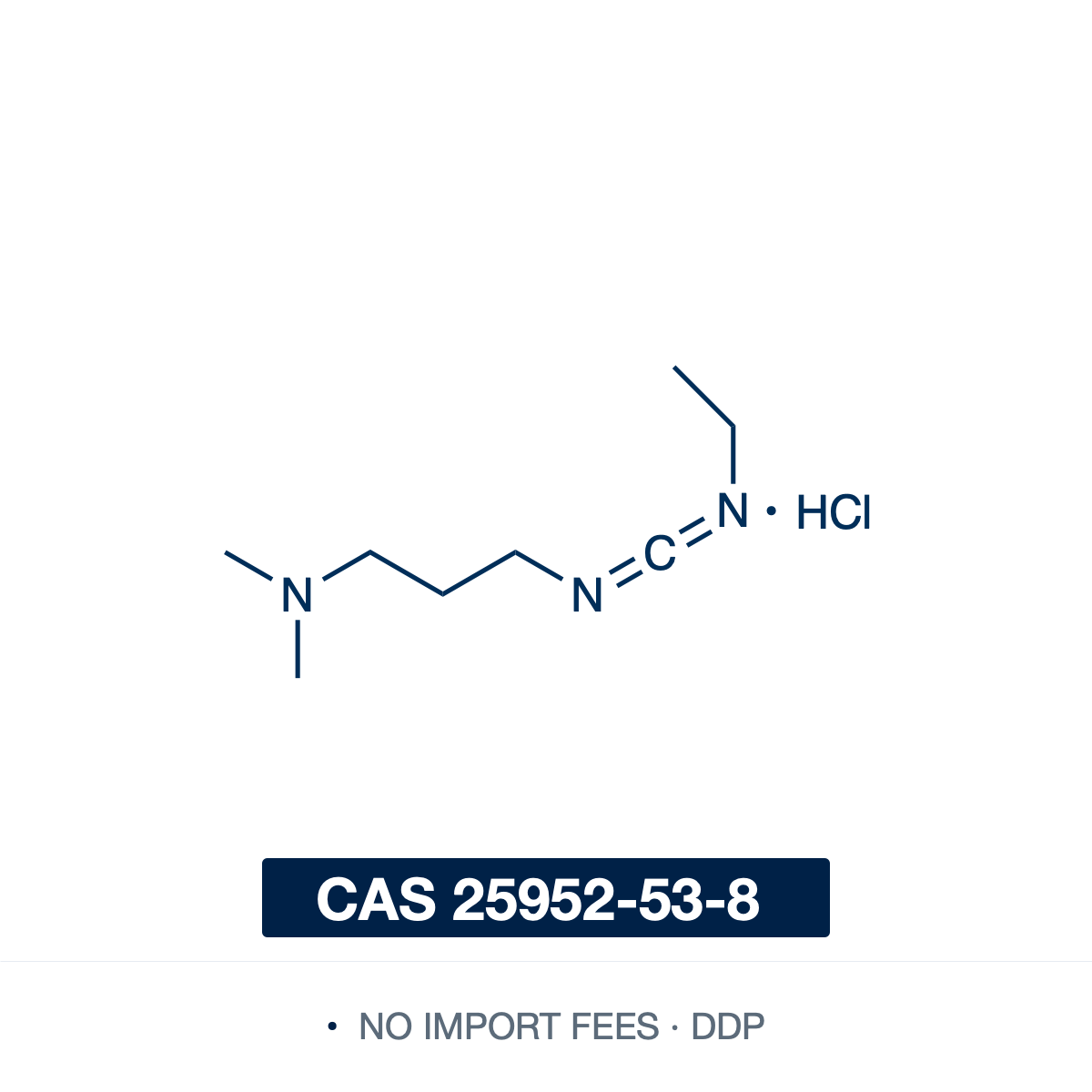 Chemical structure of EDC·HCl (EDCI·HCl; 1-ethyl-3-(3-dimethylaminopropyl)carbodiimide hydrochloride), CAS 25952-53-8, ≥99% — a water-soluble carbodiimide coupling reagent (C8H18ClN3) whose urea by-product washes out in water. It activates carboxylic acids for amide (peptide) bond formation with amines and for ester formation with alcohols; with NHS or sulfo-NHS it forms stable active esters for bioconjugation of carboxyls to amines on proteins and peptides. Supplied by NorrChemica with DDP shipping. CoA