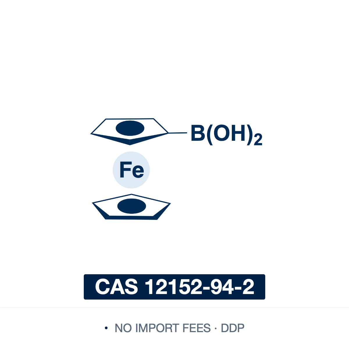 Chemical structure of Ferroceneboronic Acid, CAS 12152-94-2, ≥95% — ferrocenyl boronic acid (organometallic sandwich complex) used in Pd-catalysed Suzuki-Miyaura coupling, Cu Chan-Lam C–N/C–O coupling, Rh/Ni conjugate additions, and photoredox arylation in pharma/materials synthesis, with the redox-active ferrocene handle valuable for electrochemical sensors, redox-tagged probes, and bioconjugates. Supplied by NorrChemica with DDP shipping. CoA and SDS provided.