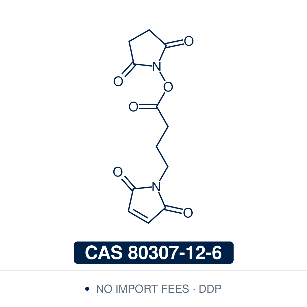 Chemical structure of GMBS (N-succinimidyl 4-maleimidobutyrate), CAS 80307-12-6, ≥98% — a heterobifunctional crosslinker (C12H12N2O6): an amine-reactive NHS ester and a thiol-reactive maleimide on a short aliphatic butyryl spacer. The NHS ester couples to amines and the maleimide to thiols in a two-step conjugation; its aliphatic arm is less immunogenic than aromatic or cyclohexane crosslinkers, favoring hapten-carrier immunogens and enzyme-antibody conjugates. Supplied by NorrChemica with DDP shipping. CoA