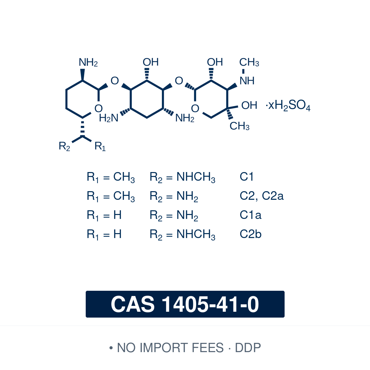 Chemical structure of Gentamicin Sulfate, CAS 1405-41-0, USP26 ≥590 IU/mg — sulfate salt of the aminoglycoside complex from Micromonospora, shown as the shared core with R₁ and R₂ marking the C6′ substituents that distinguish the C1, C1a, C2, C2a and C2b congeners. Broad-spectrum antibiotic used as a selection agent in mammalian cell culture and molecular biology, typically at 50 mg/L. Supplied by NorrChemica with DDP shipping. CoA and SDS provided.